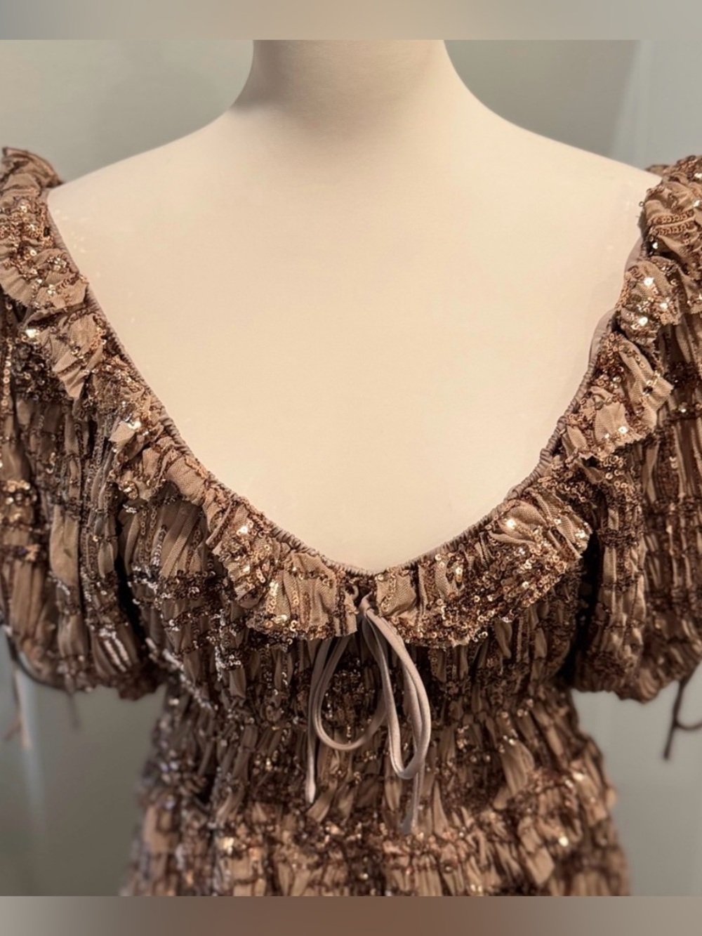 NWT En Saison Brown Sequin Ruffle Mini Dress Size Small - Picture 4 of 15